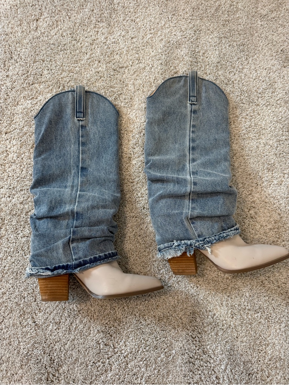 Steve Madden Denim Slouch Western Boots with Cream Pointed Toe